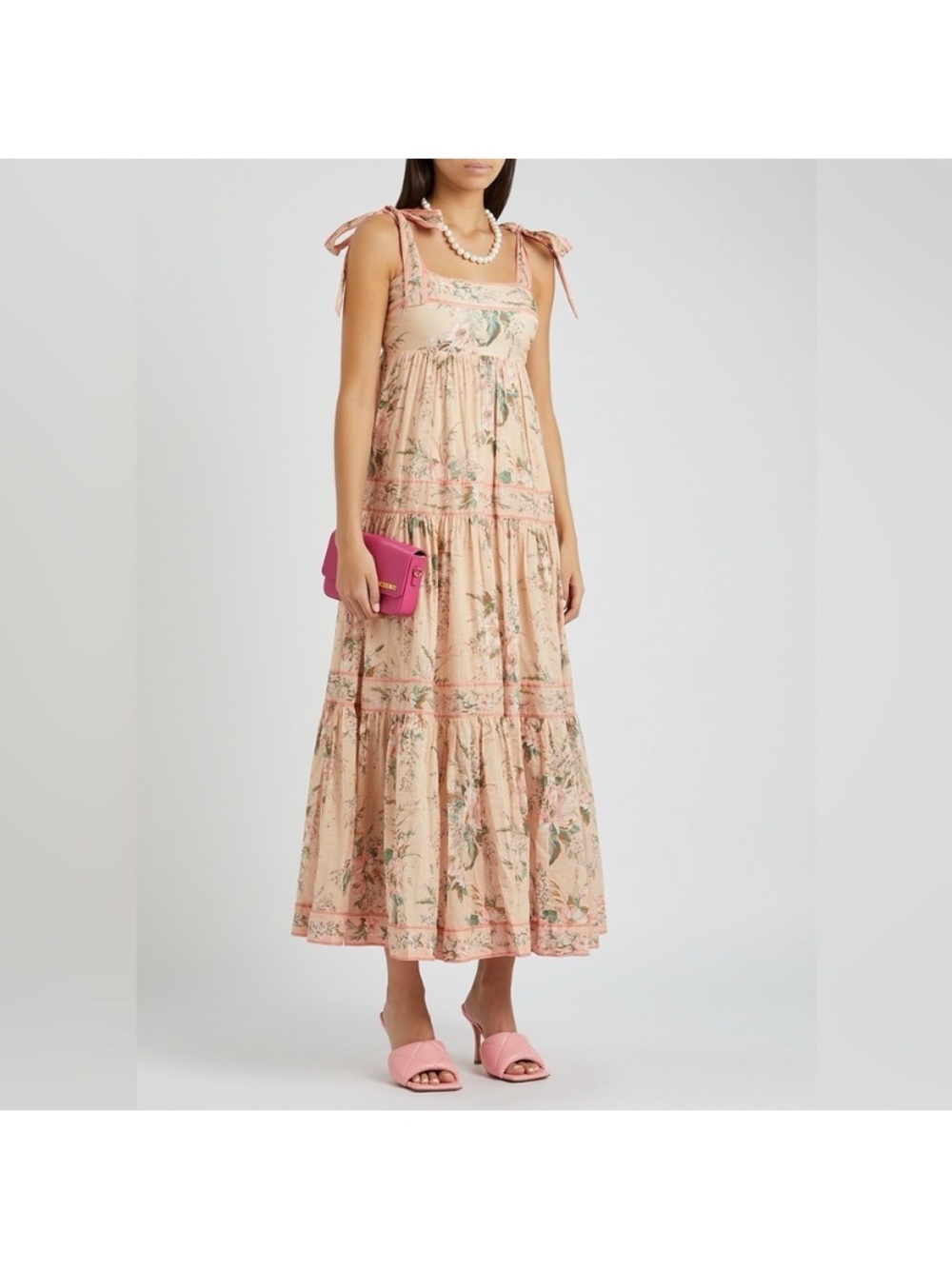 Zimmermann Peach Floral Smocked Dress with Thin Straps